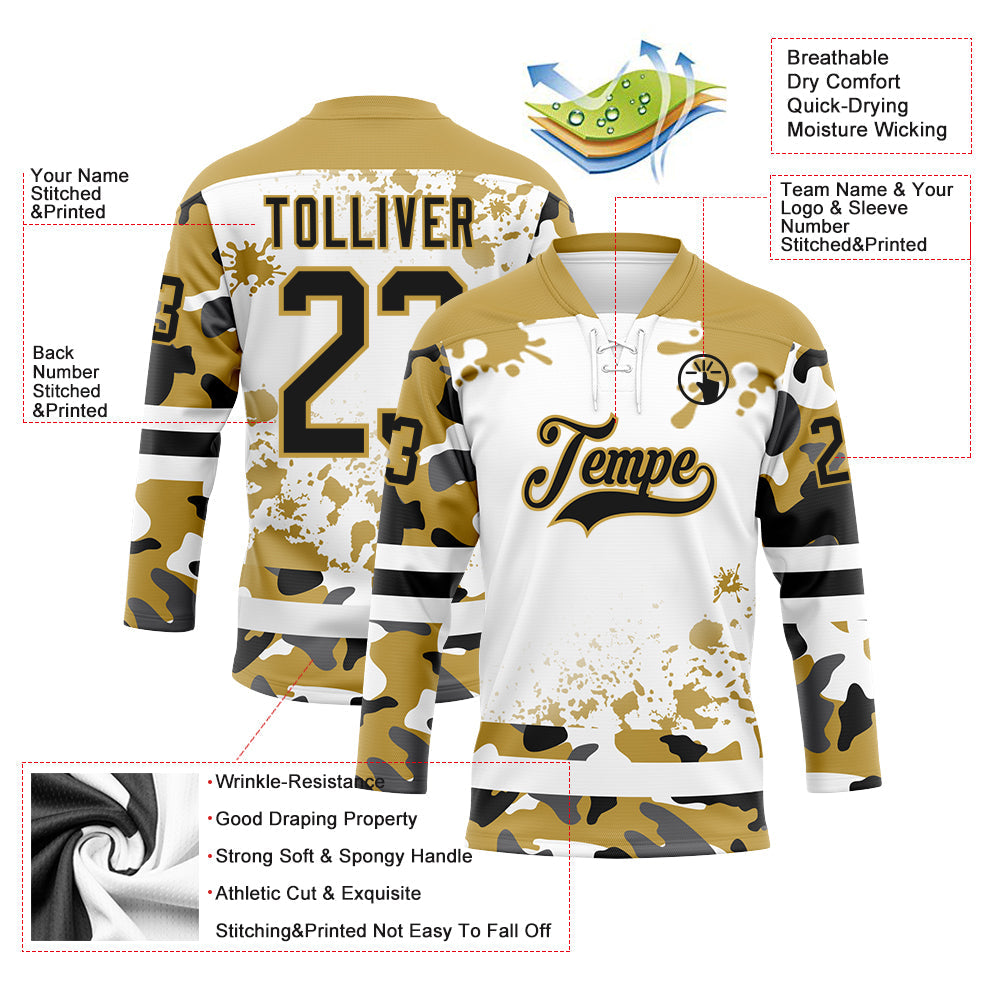 Custom Camo Black Old Gold-White Splash Hockey Lace Neck Jersey view 3