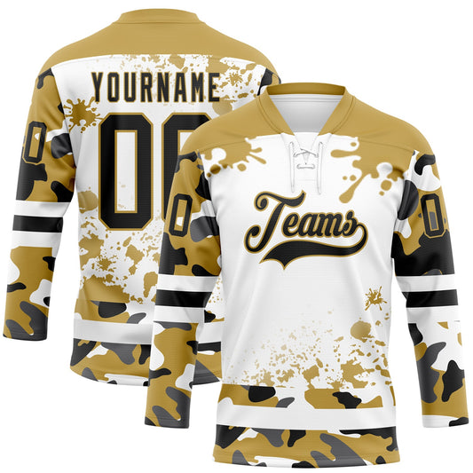 Custom Camo Black Old Gold-White Splash Hockey Lace Neck Jersey - Main View