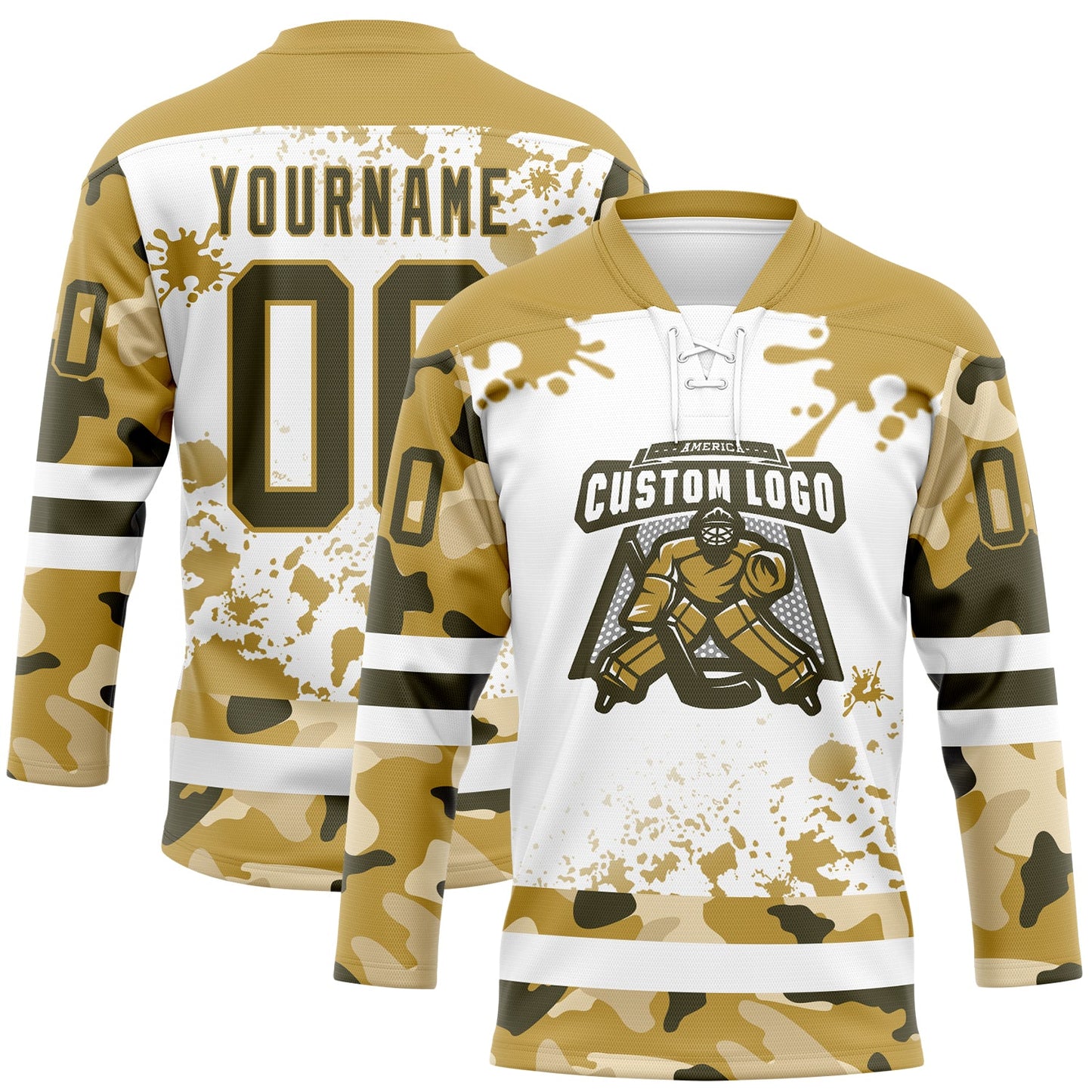 Custom Camo Olive Old Gold-White Splash Hockey Lace Neck Jersey view 2