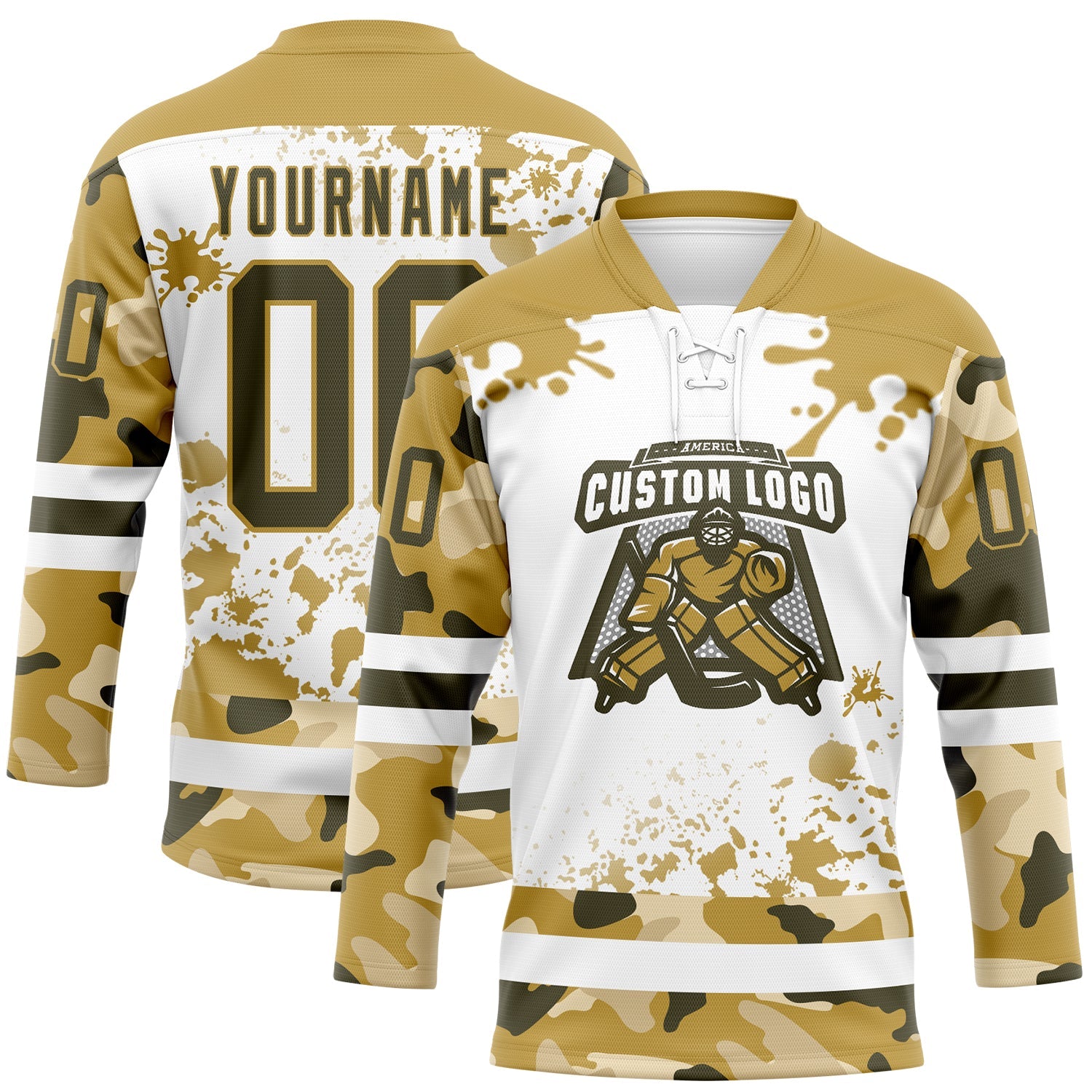 Custom Camo Olive Old Gold-White Splash Hockey Lace Neck Jersey view 2