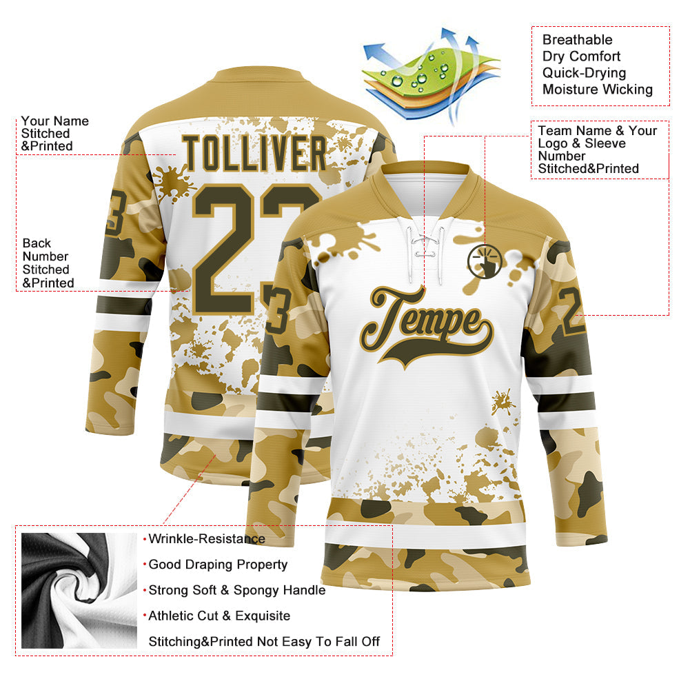 Custom Camo Olive Old Gold-White Splash Hockey Lace Neck Jersey view 3