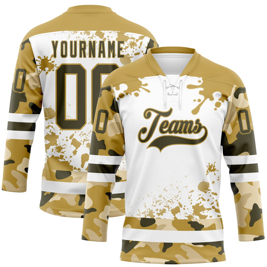 Custom Camo Olive Old Gold-White Splash Hockey Lace Neck Jersey - Main View