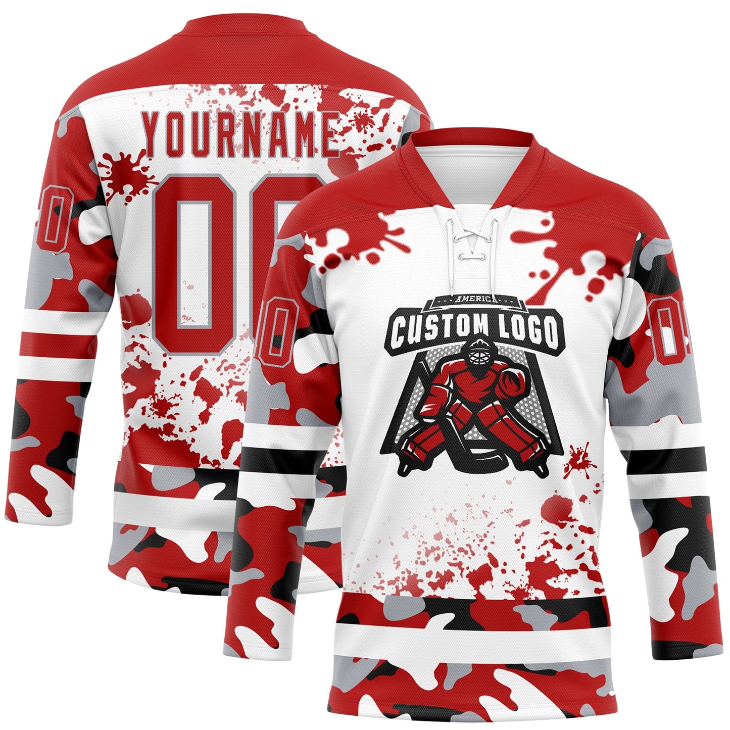 Custom Camo Red Black Gray-White Splash Hockey Lace Neck Jersey view 2