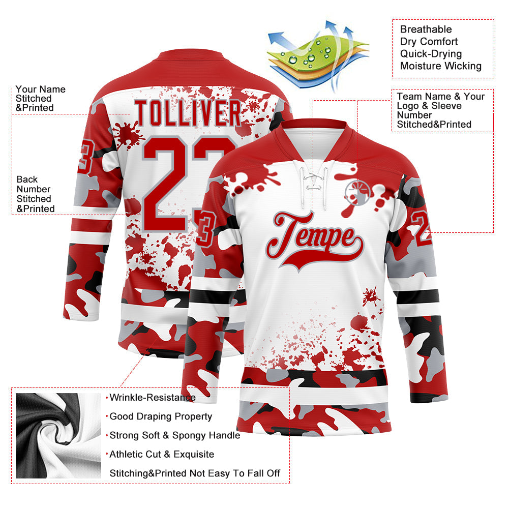 Custom Camo Red Black Gray-White Splash Hockey Lace Neck Jersey view 3