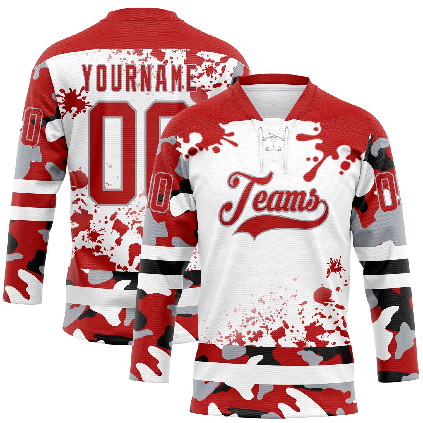 Custom Camo Red Black Gray-White Splash Hockey Lace Neck Jersey - Main View