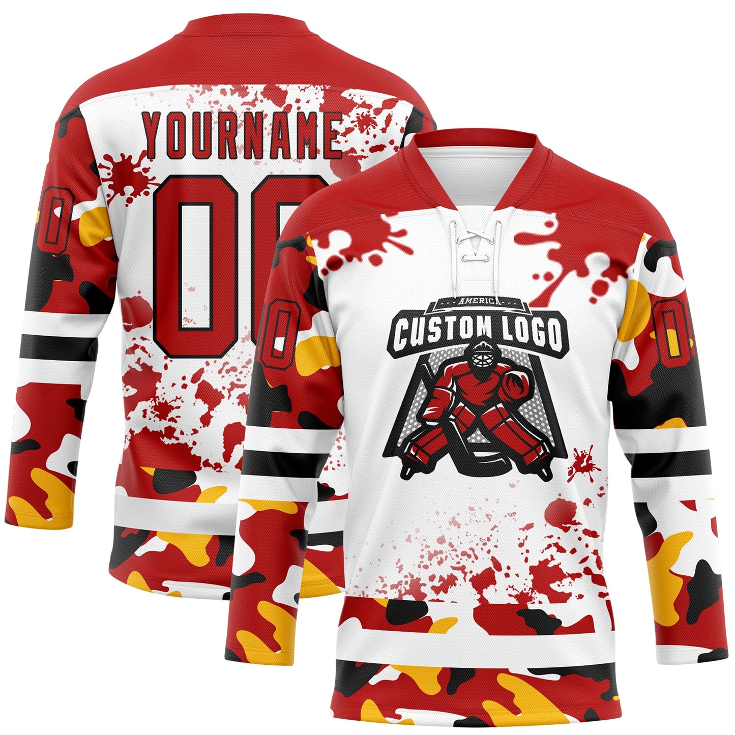 Custom Camo Red Black-White Splash Hockey Lace Neck Jersey view 2