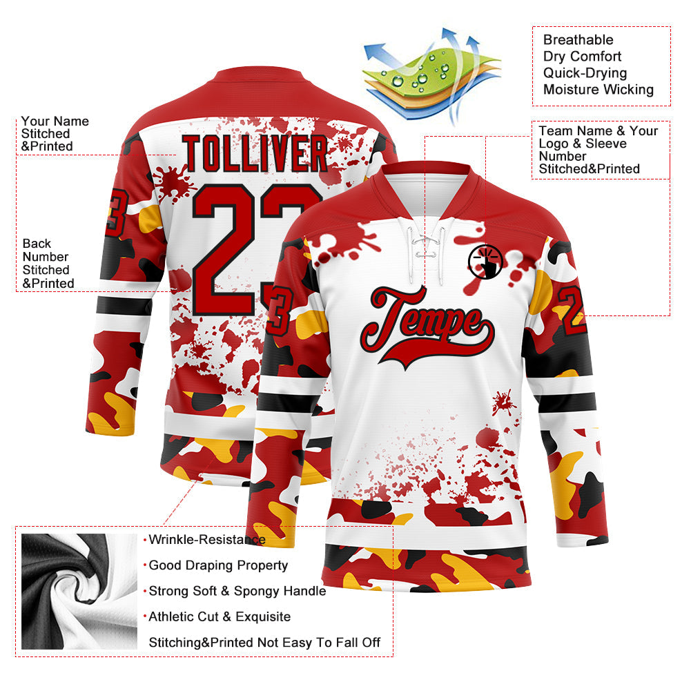 Custom Camo Red Black-White Splash Hockey Lace Neck Jersey view 3