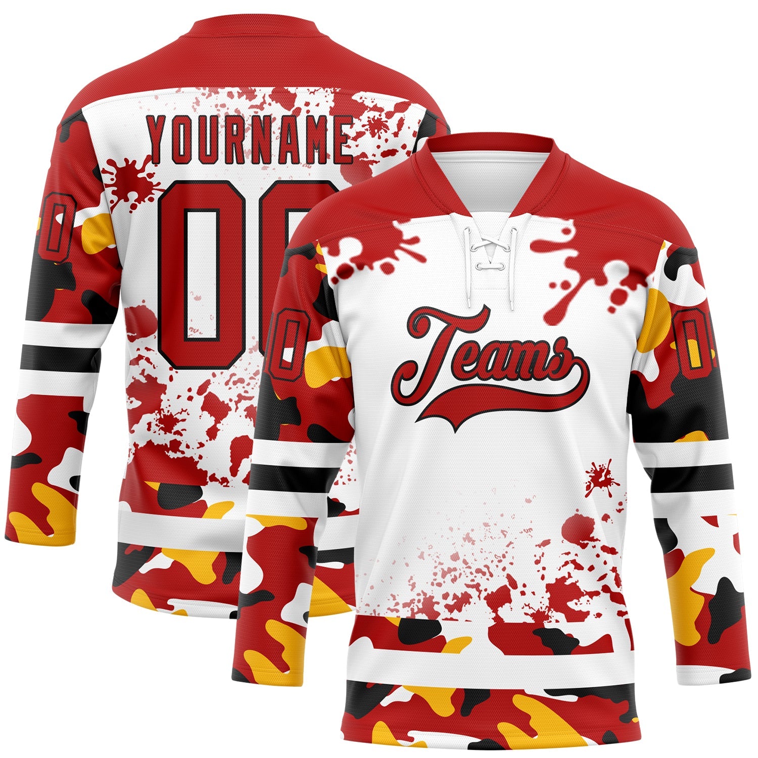 Custom Camo Red Black-White Splash Hockey Lace Neck Jersey - Main View