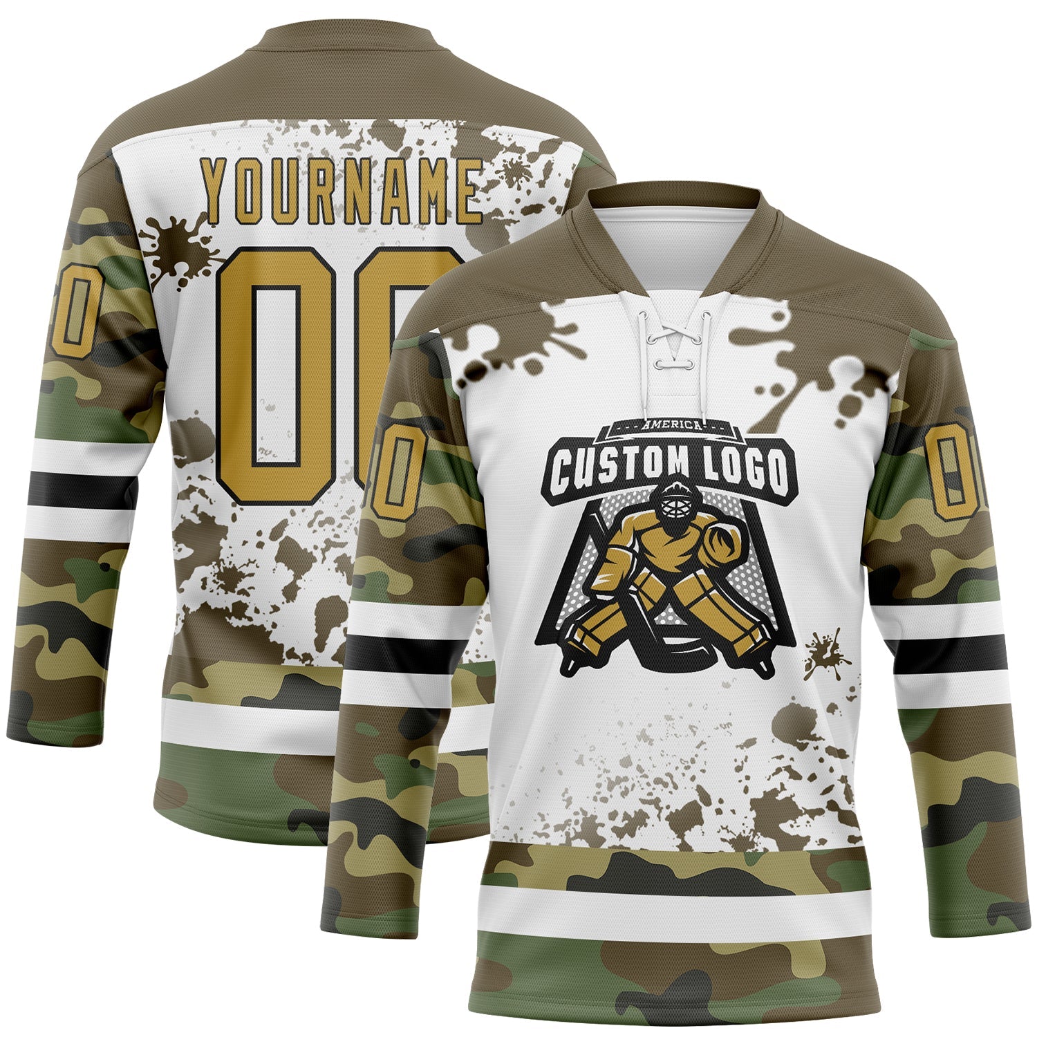 Custom Camo Old Gold Olive Black-White Splash Hockey Lace Neck Jersey view 2