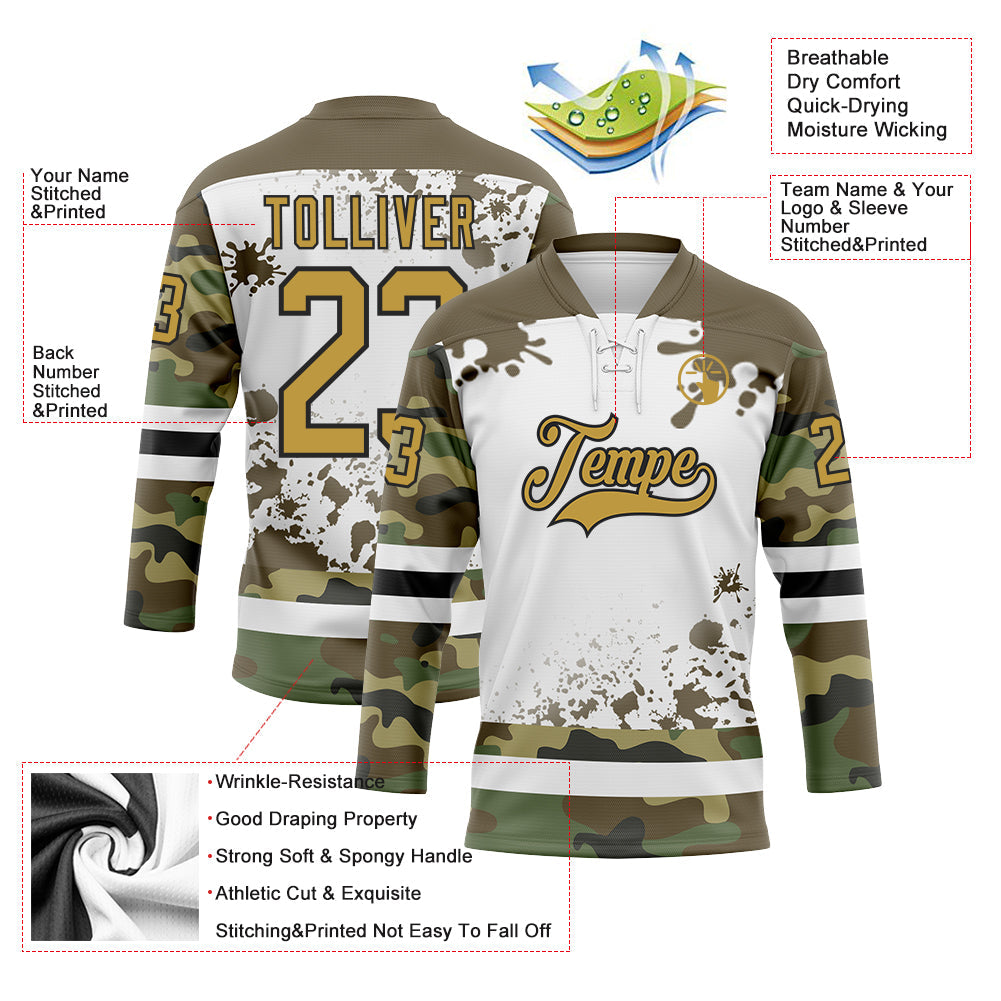 Custom Camo Old Gold Olive Black-White Splash Hockey Lace Neck Jersey view 3