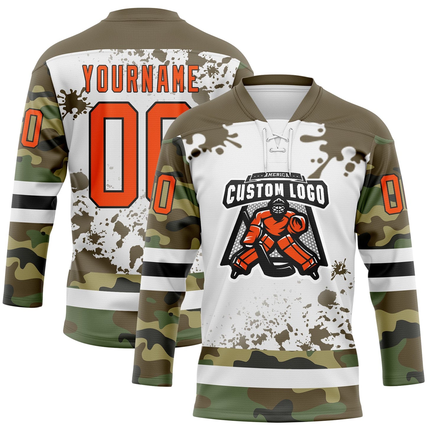 Custom Camo Orange Olive Black-White Splash Hockey Lace Neck Jersey view 2