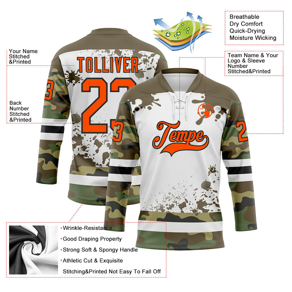 Custom Camo Orange Olive Black-White Splash Hockey Lace Neck Jersey view 3