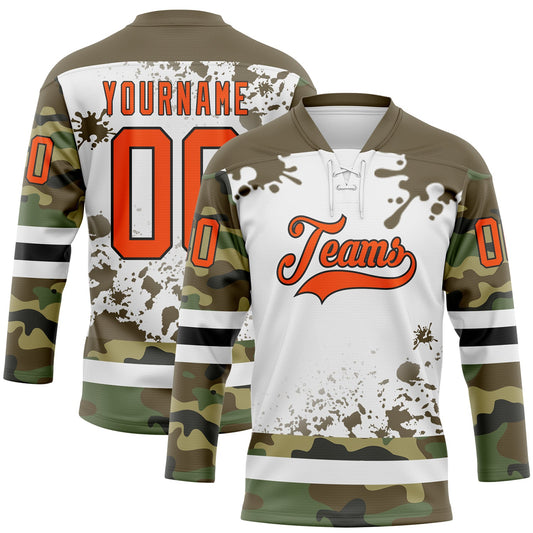 Custom Camo Orange Olive Black-White Splash Hockey Lace Neck Jersey - Main View