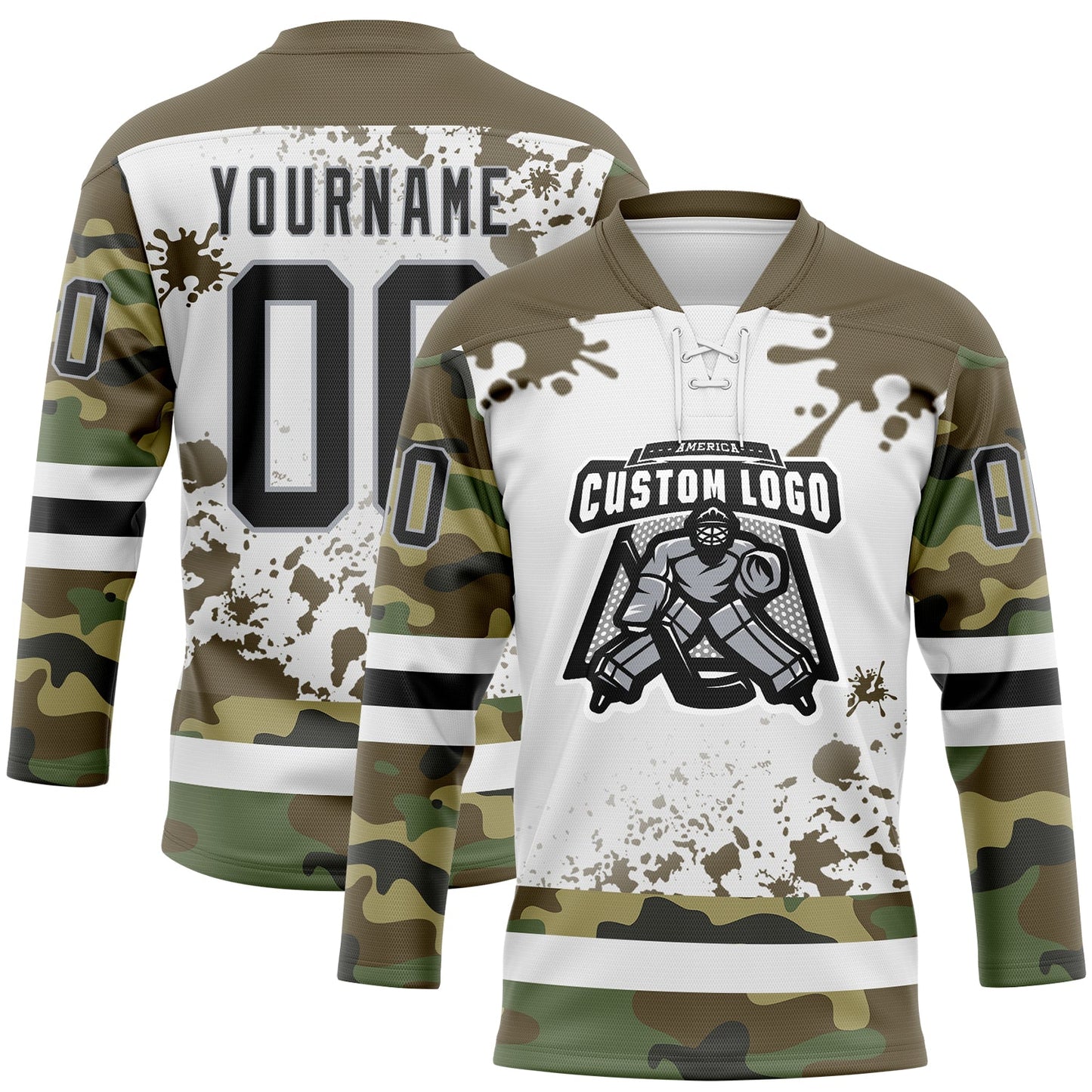 Custom Camo Black Olive Gray-White Splash Hockey Lace Neck Jersey view 2
