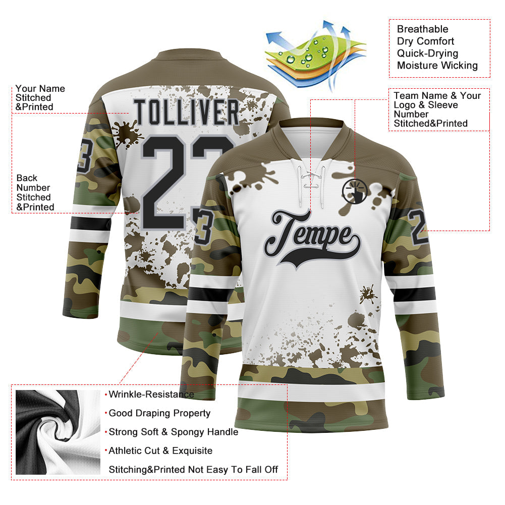 Custom Camo Black Olive Gray-White Splash Hockey Lace Neck Jersey view 3