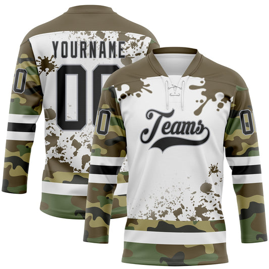 Custom Camo Black Olive Gray-White Splash Hockey Lace Neck Jersey - Main View