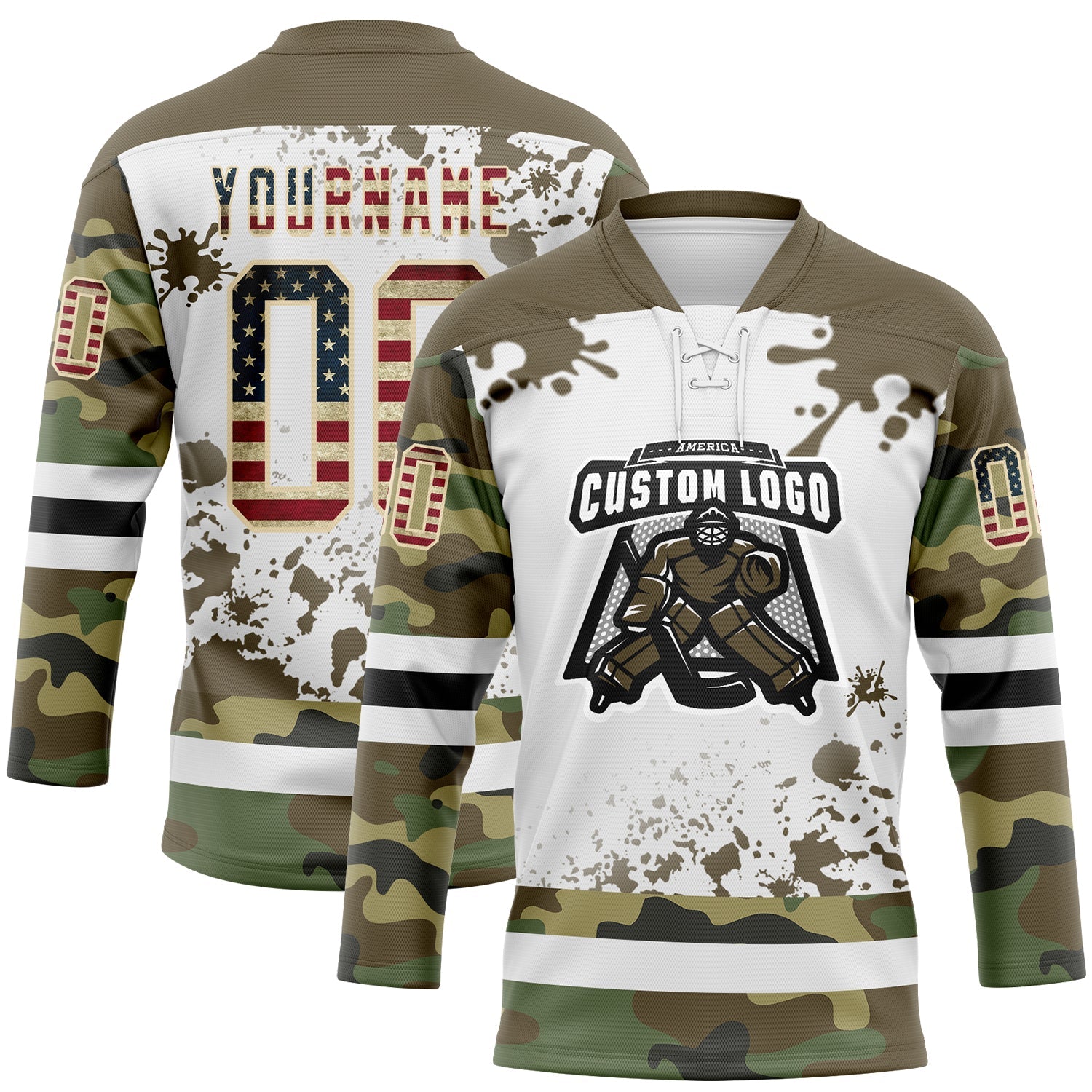 Custom Camo Vintage USA Flag Olive Black Cream-White Splash Hockey Lace Neck Jersey view 2