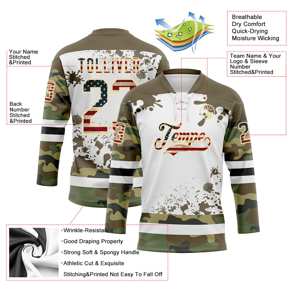 Custom Camo Vintage USA Flag Olive Black Cream-White Splash Hockey Lace Neck Jersey view 3
