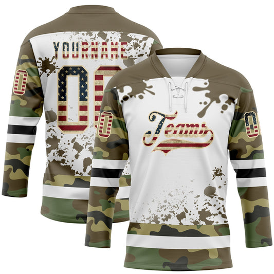 Custom Camo Vintage USA Flag Olive Black Cream-White Splash Hockey Lace Neck Jersey - Main View
