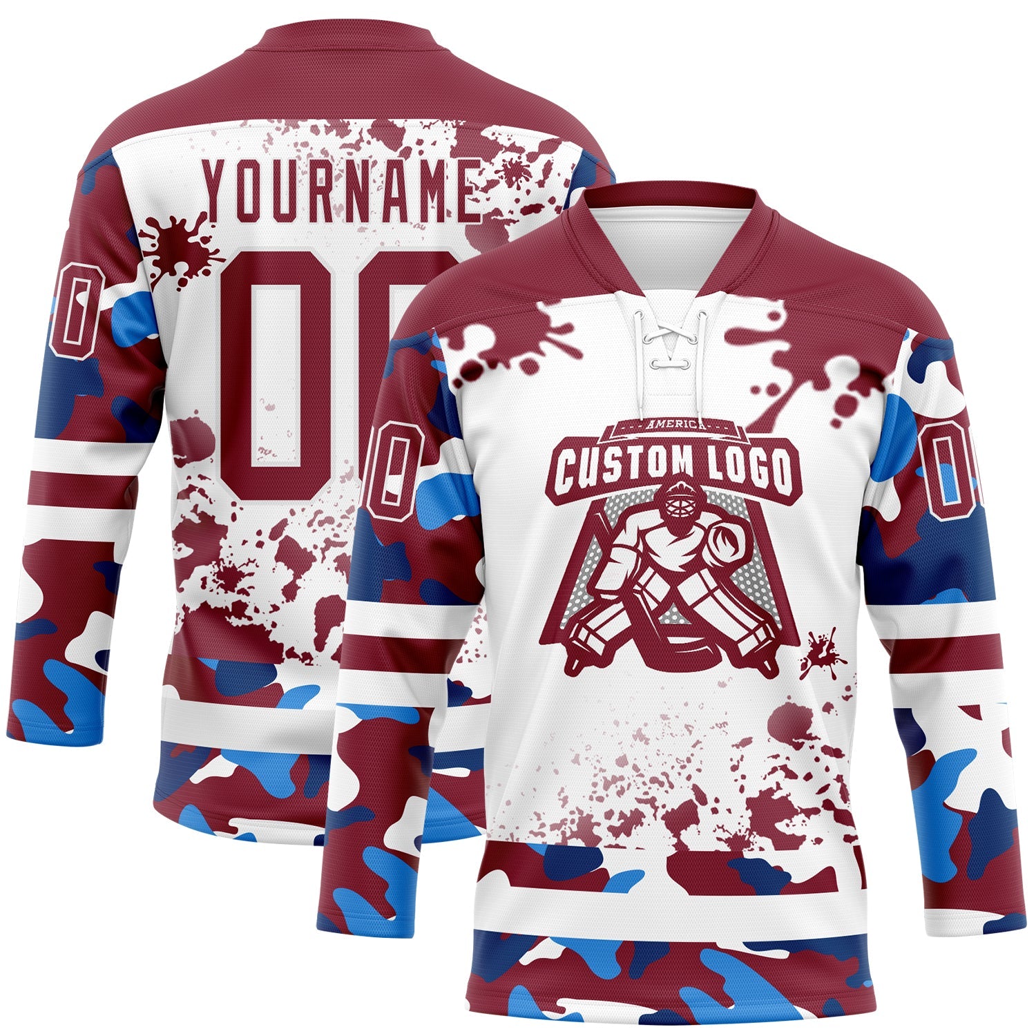 Custom Camo Crimson-White Splash Hockey Lace Neck Jersey view 2