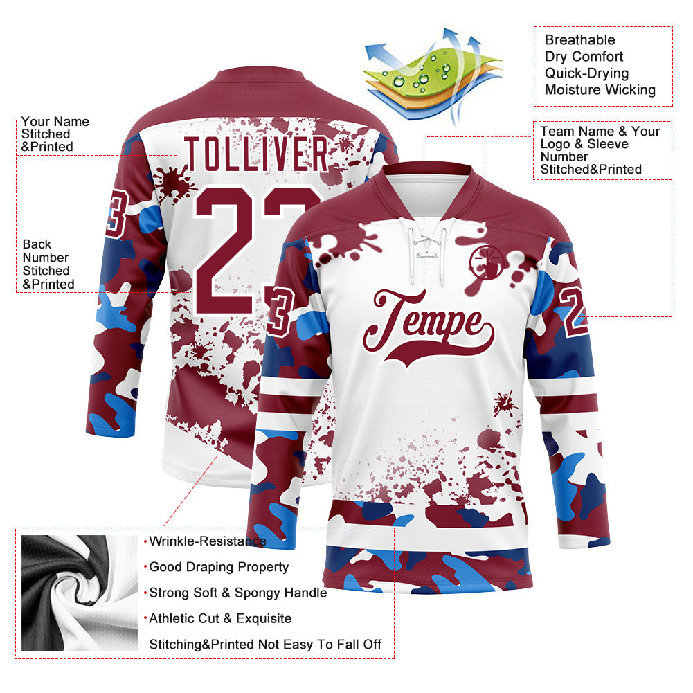 Custom Camo Crimson-White Splash Hockey Lace Neck Jersey view 3