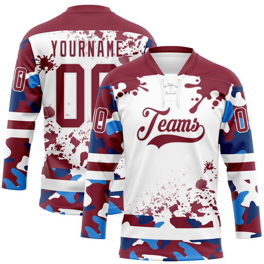 Custom Camo Crimson-White Splash Hockey Lace Neck Jersey - Main View