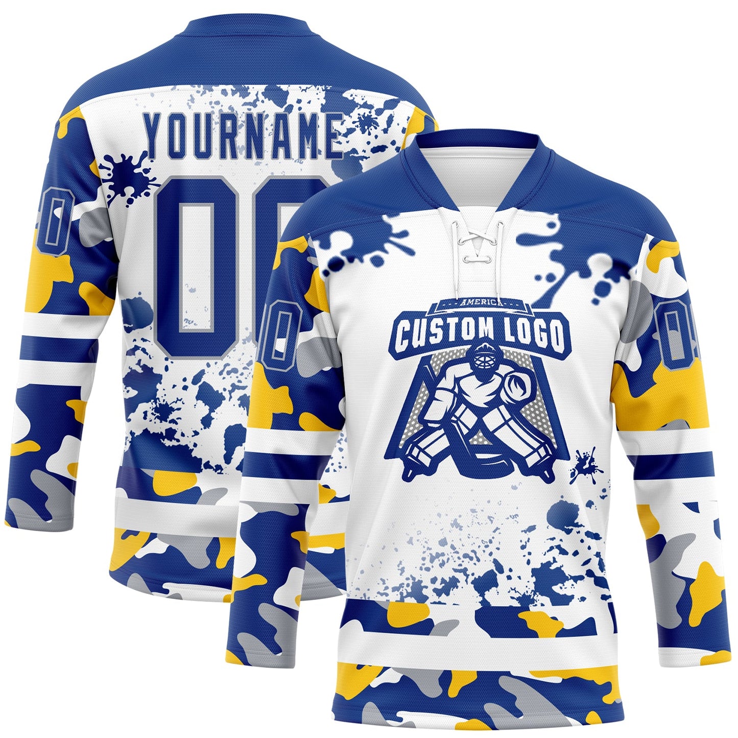 Custom Camo Royal Gray-White Splash Hockey Lace Neck Jersey view 2