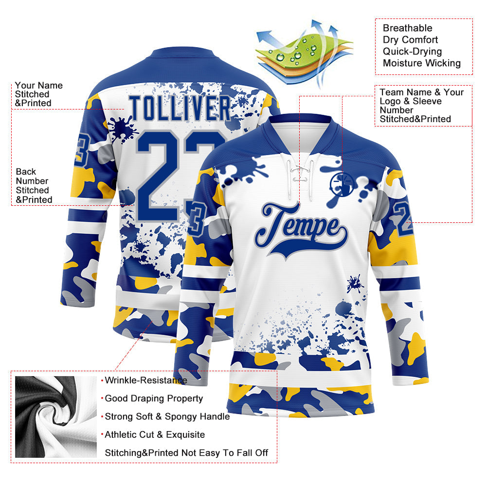Custom Camo Royal Gray-White Splash Hockey Lace Neck Jersey view 3