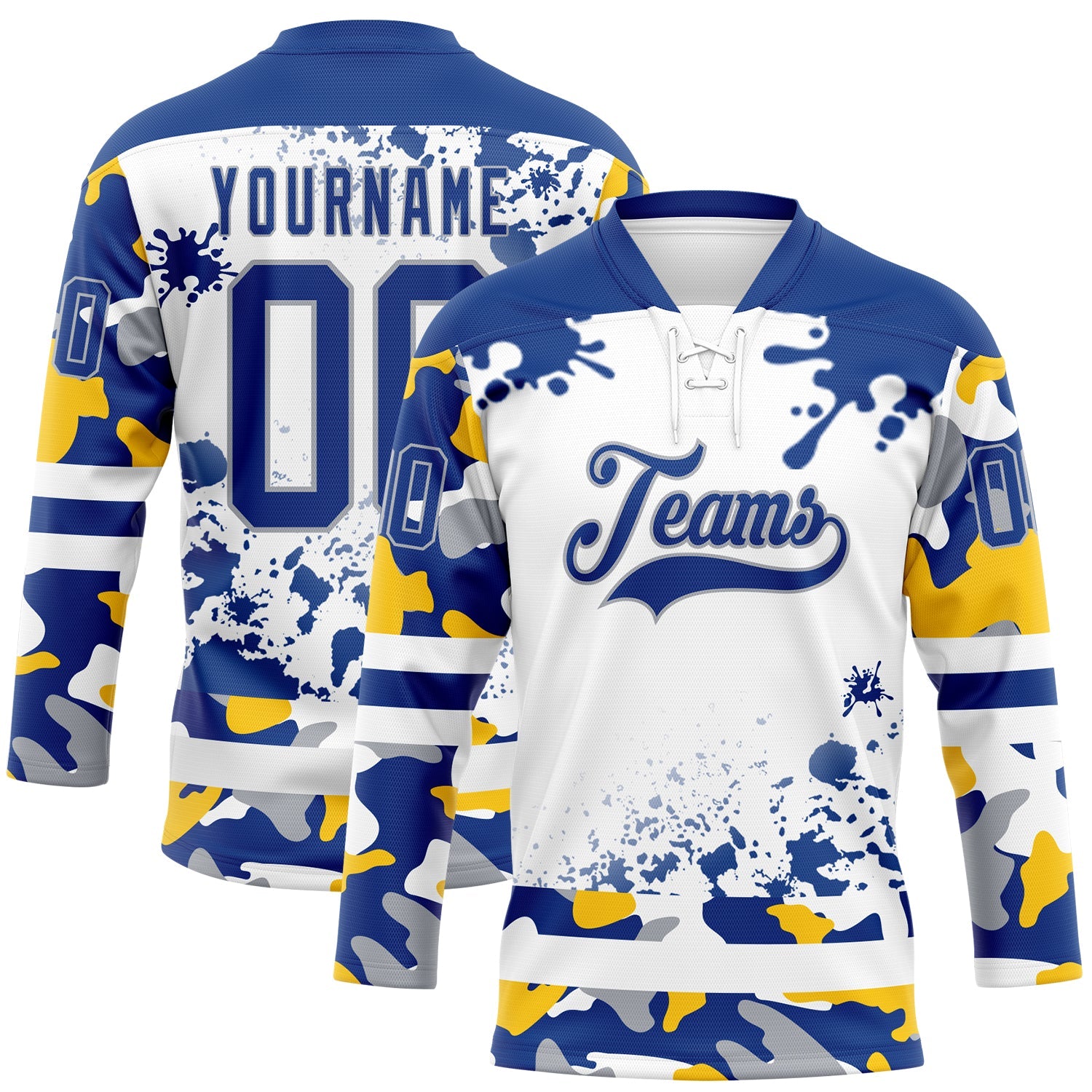 Custom Camo Royal Gray-White Splash Hockey Lace Neck Jersey - Main View