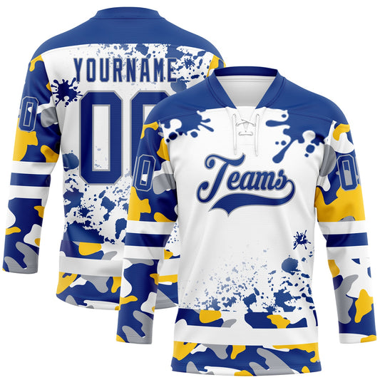 Custom Camo Royal Gray-White Splash Hockey Lace Neck Jersey - Main View