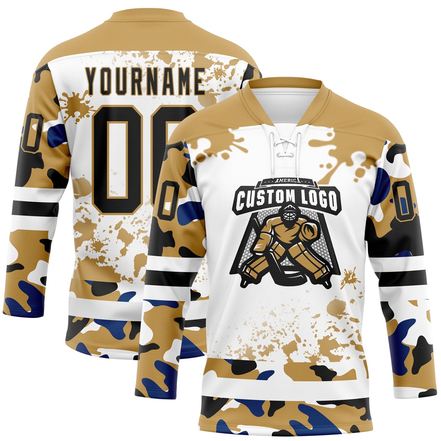 Custom Camo Black Old Gold-White Splash Hockey Lace Neck Jersey view 2