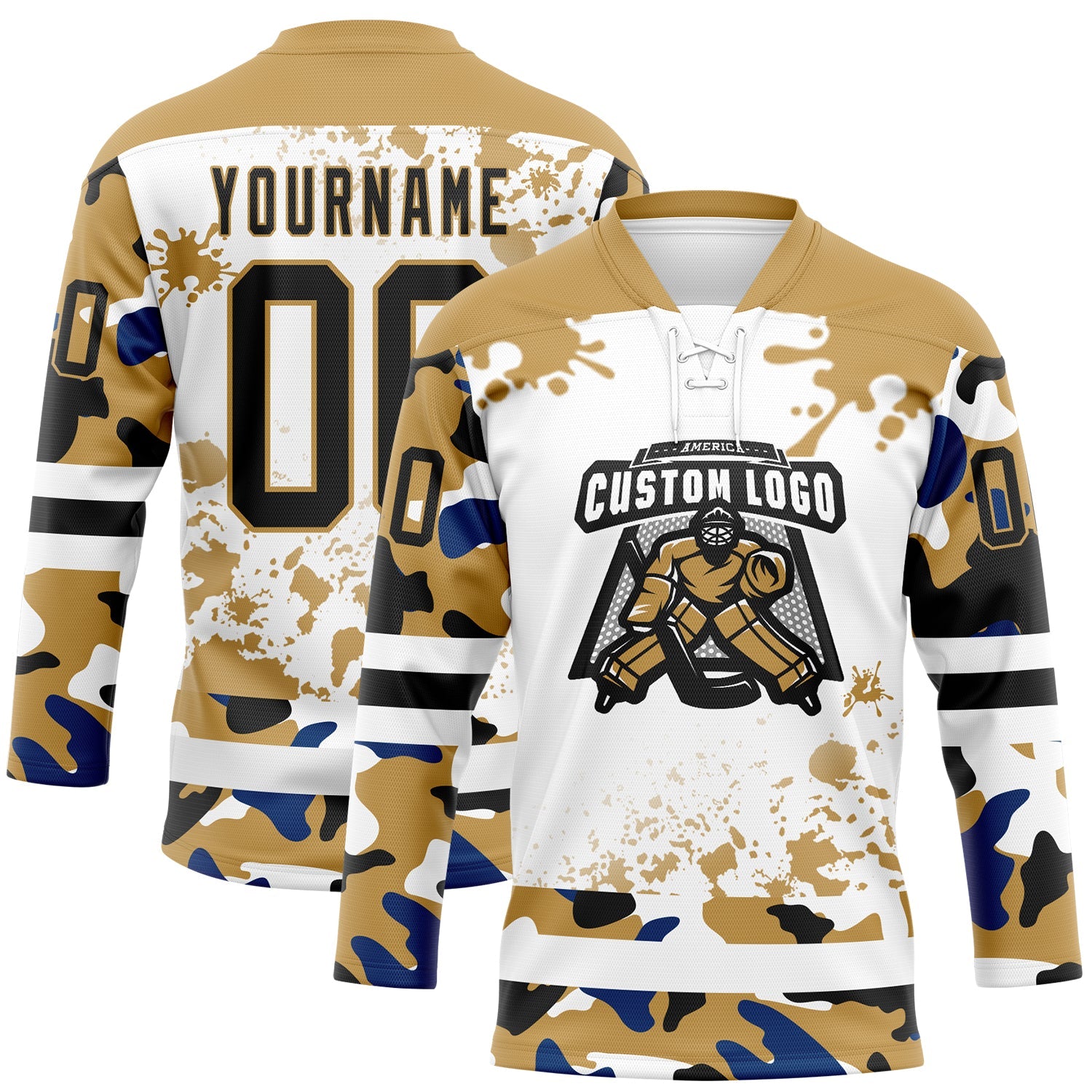 Custom Camo Black Old Gold-White Splash Hockey Lace Neck Jersey view 2