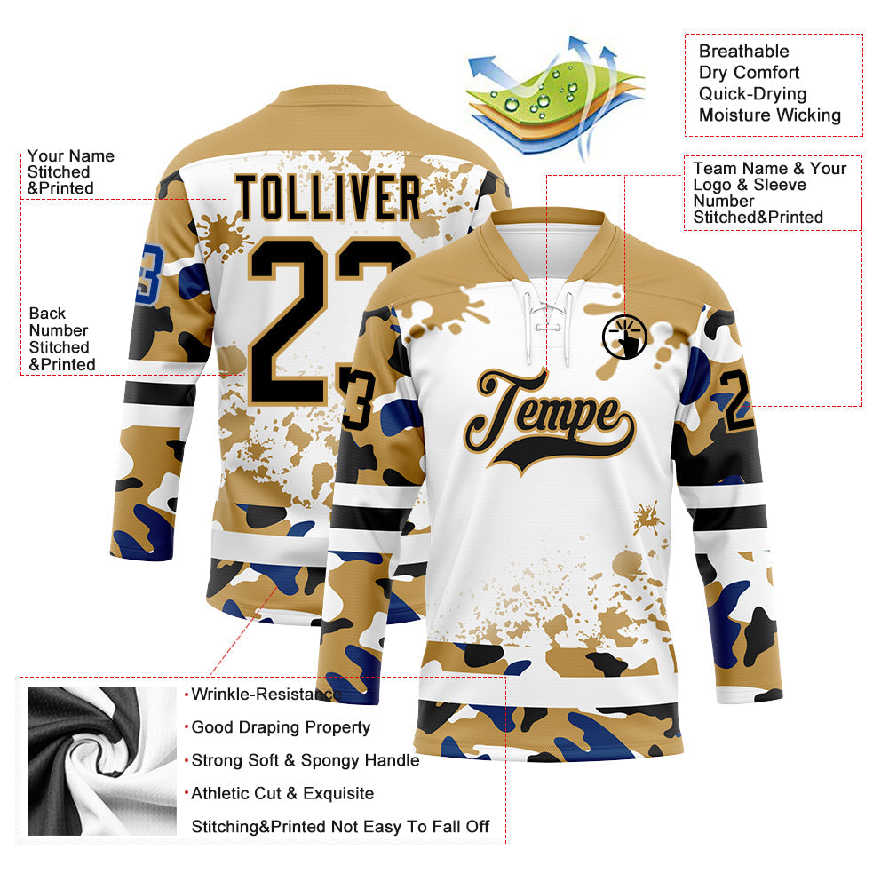 Custom Camo Black Old Gold-White Splash Hockey Lace Neck Jersey view 3