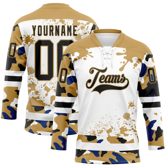 Custom Camo Black Old Gold-White Splash Hockey Lace Neck Jersey - Main View