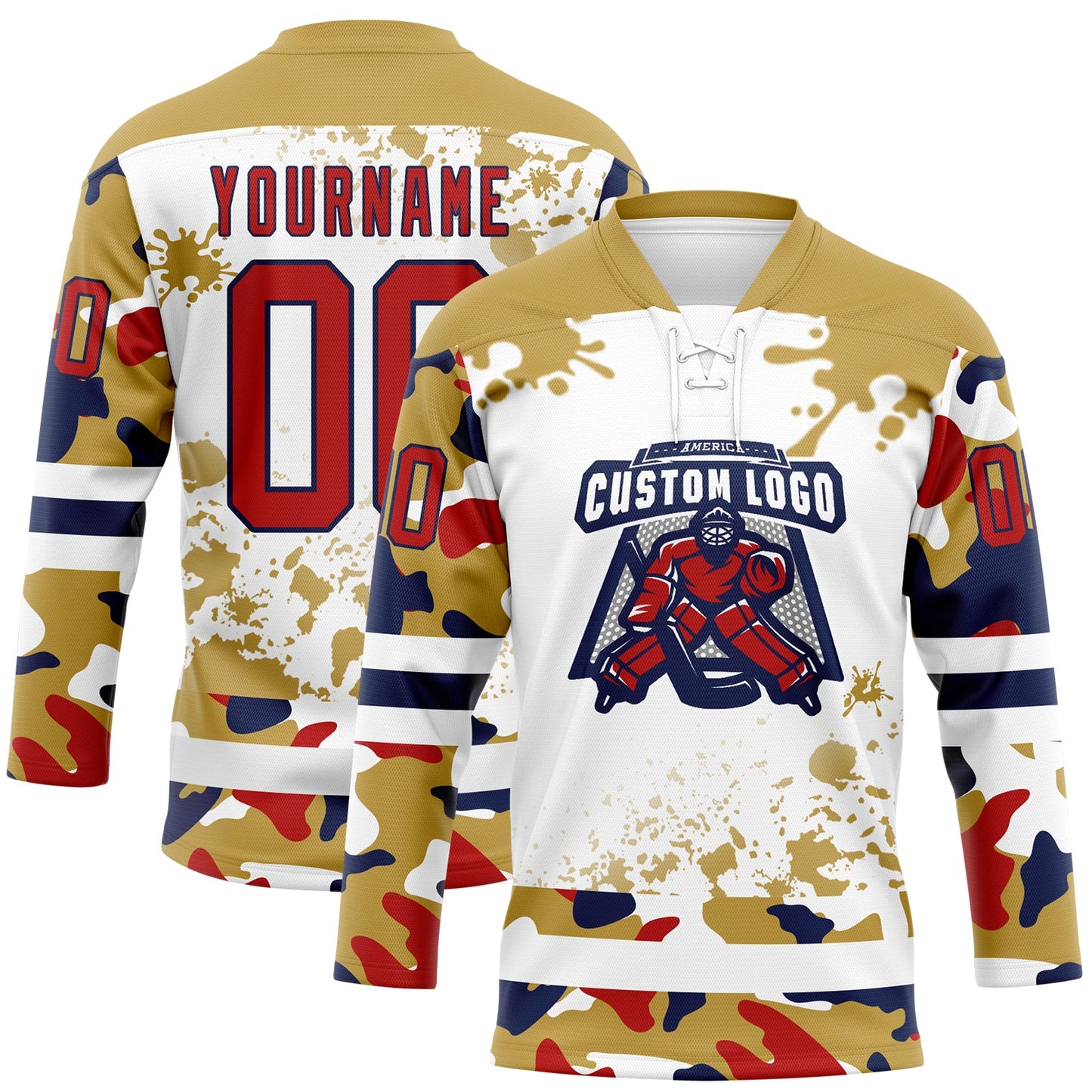 Custom Camo Red Old Gold Navy-White Splash Hockey Lace Neck Jersey view 2