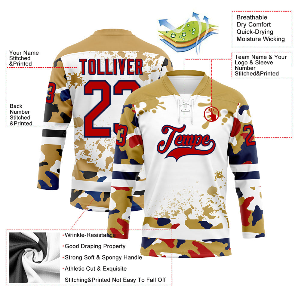 Custom Camo Red Old Gold Navy-White Splash Hockey Lace Neck Jersey view 3