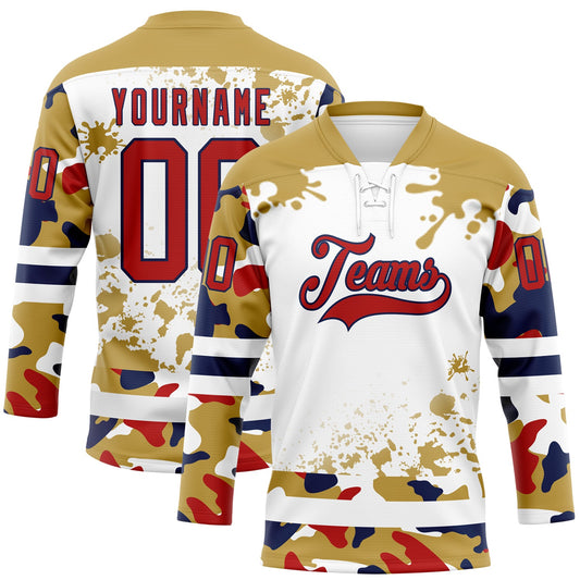 Custom Camo Red Old Gold Navy-White Splash Hockey Lace Neck Jersey - Main View