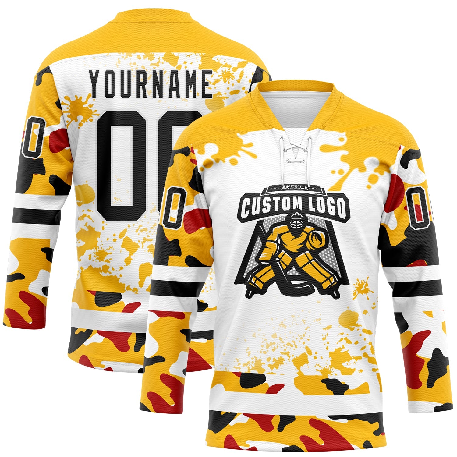 Custom Camo Black Gold-White Splash Hockey Lace Neck Jersey view 2
