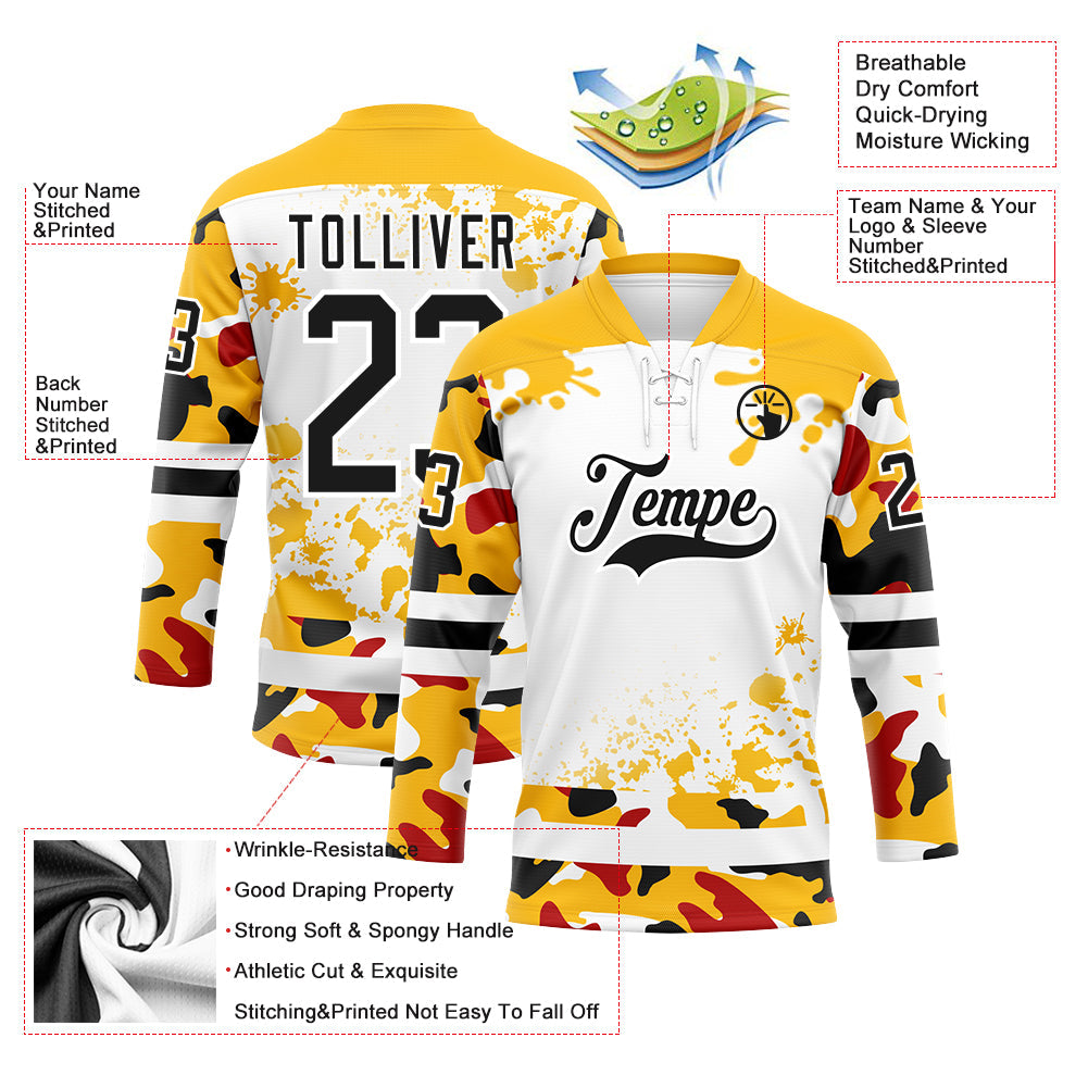 Custom Camo Black Gold-White Splash Hockey Lace Neck Jersey view 3