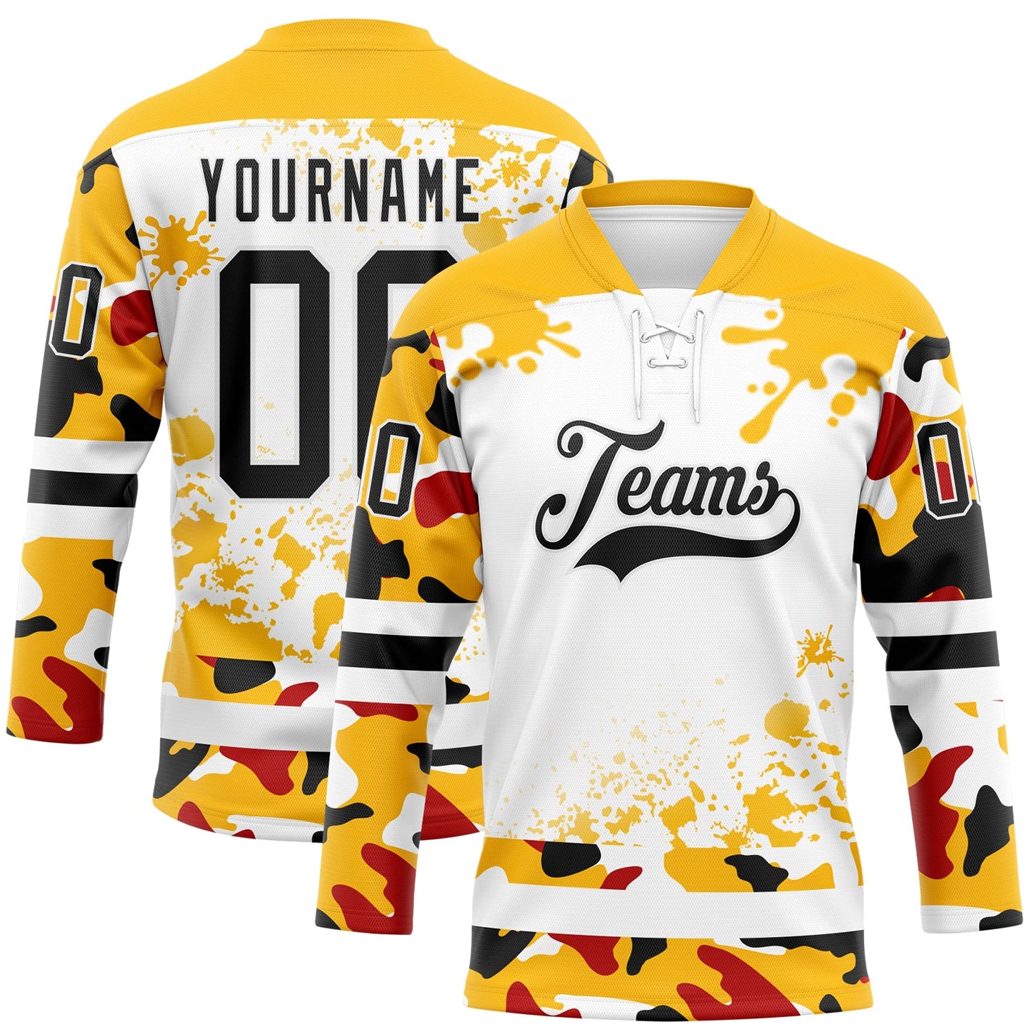 Custom Camo Black Gold-White Splash Hockey Lace Neck Jersey - Main View