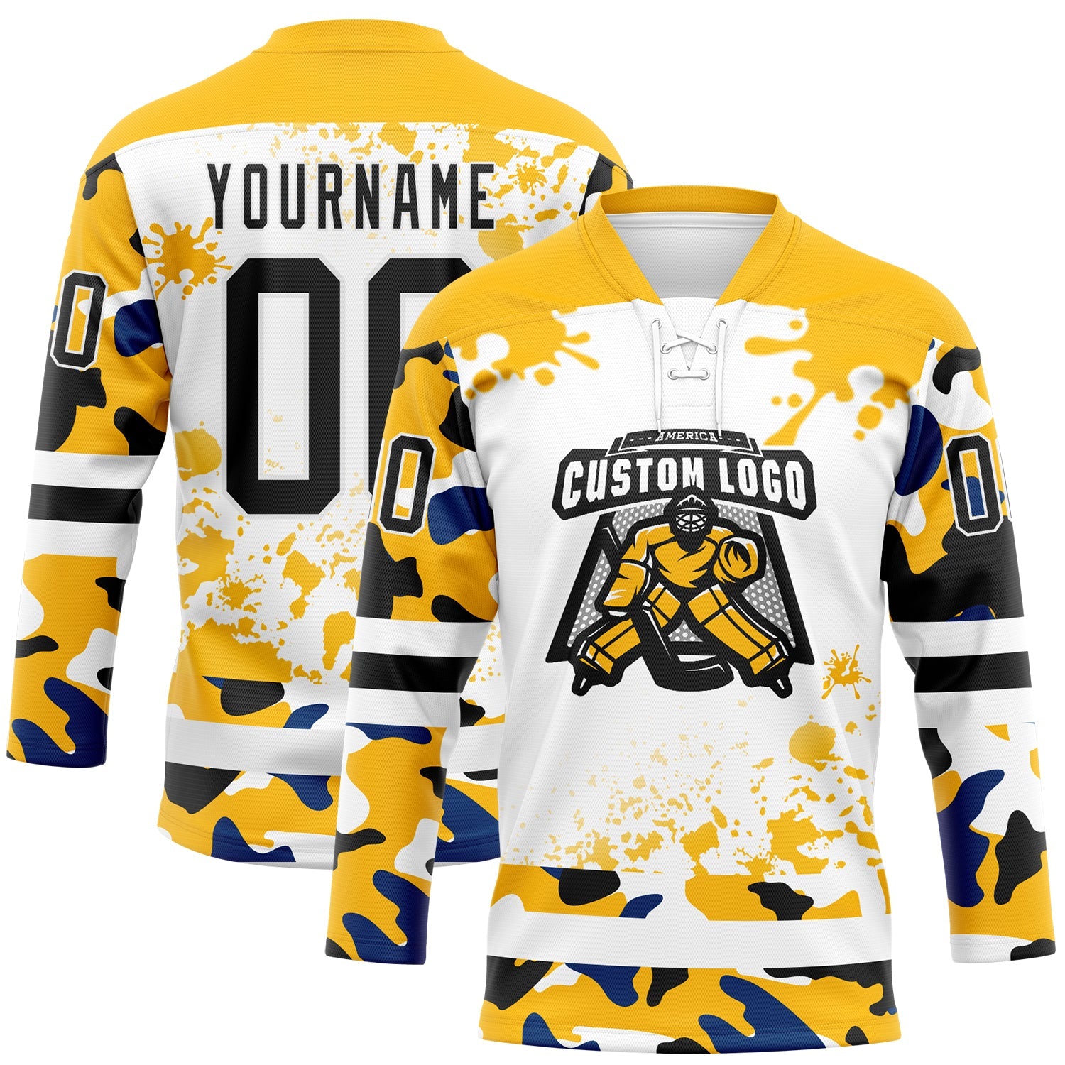 Custom Camo Black Gold-White Splash Hockey Lace Neck Jersey view 2