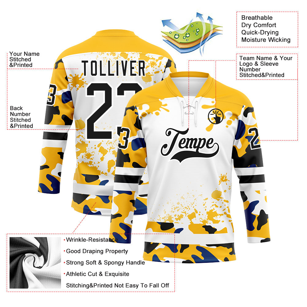Custom Camo Black Gold-White Splash Hockey Lace Neck Jersey view 3