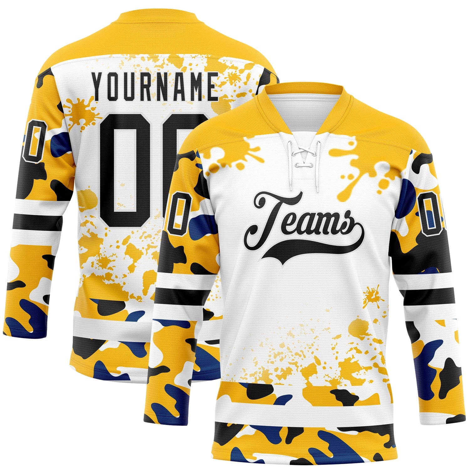 Custom Camo Black Gold-White Splash Hockey Lace Neck Jersey - Main View