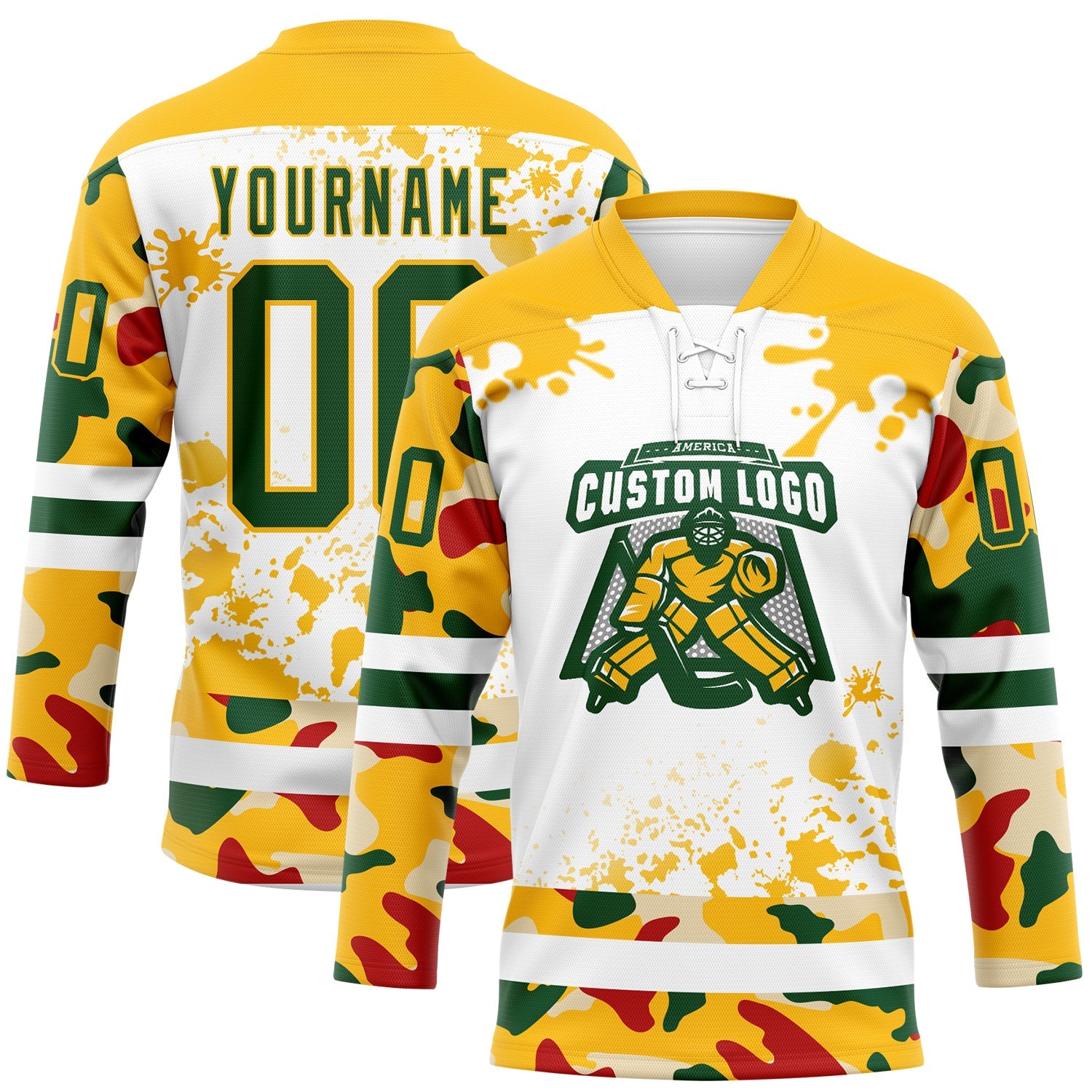 Custom Camo Green Gold-White Splash Hockey Lace Neck Jersey view 2