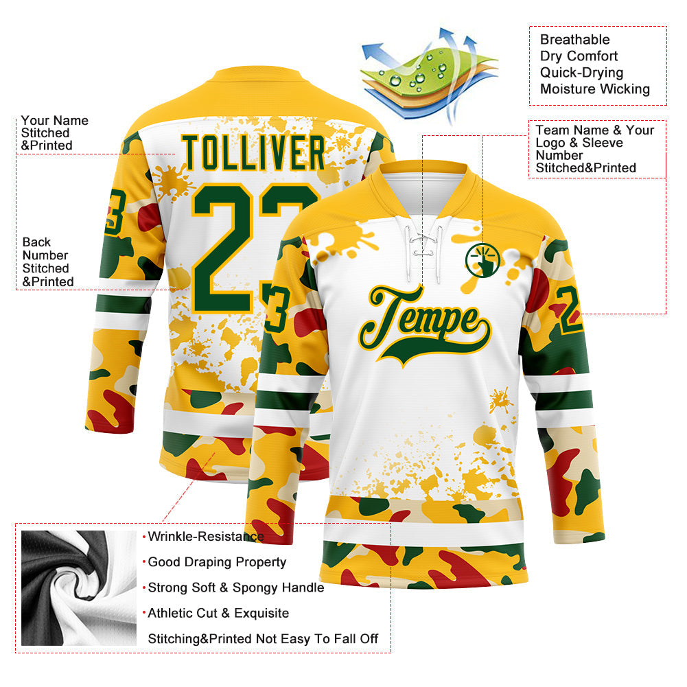 Custom Camo Green Gold-White Splash Hockey Lace Neck Jersey view 3