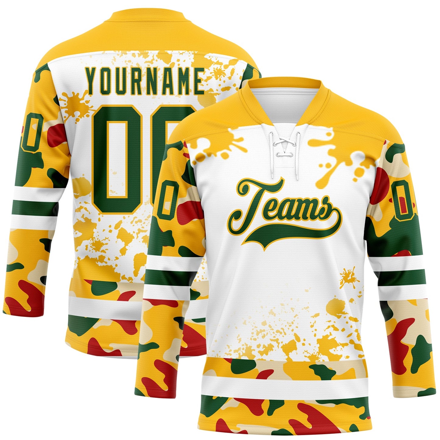 Custom Camo Green Gold-White Splash Hockey Lace Neck Jersey - Main View