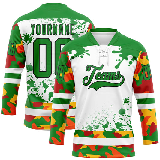 Custom Camo Grass Green Black-White Splash Hockey Lace Neck Jersey - Main View