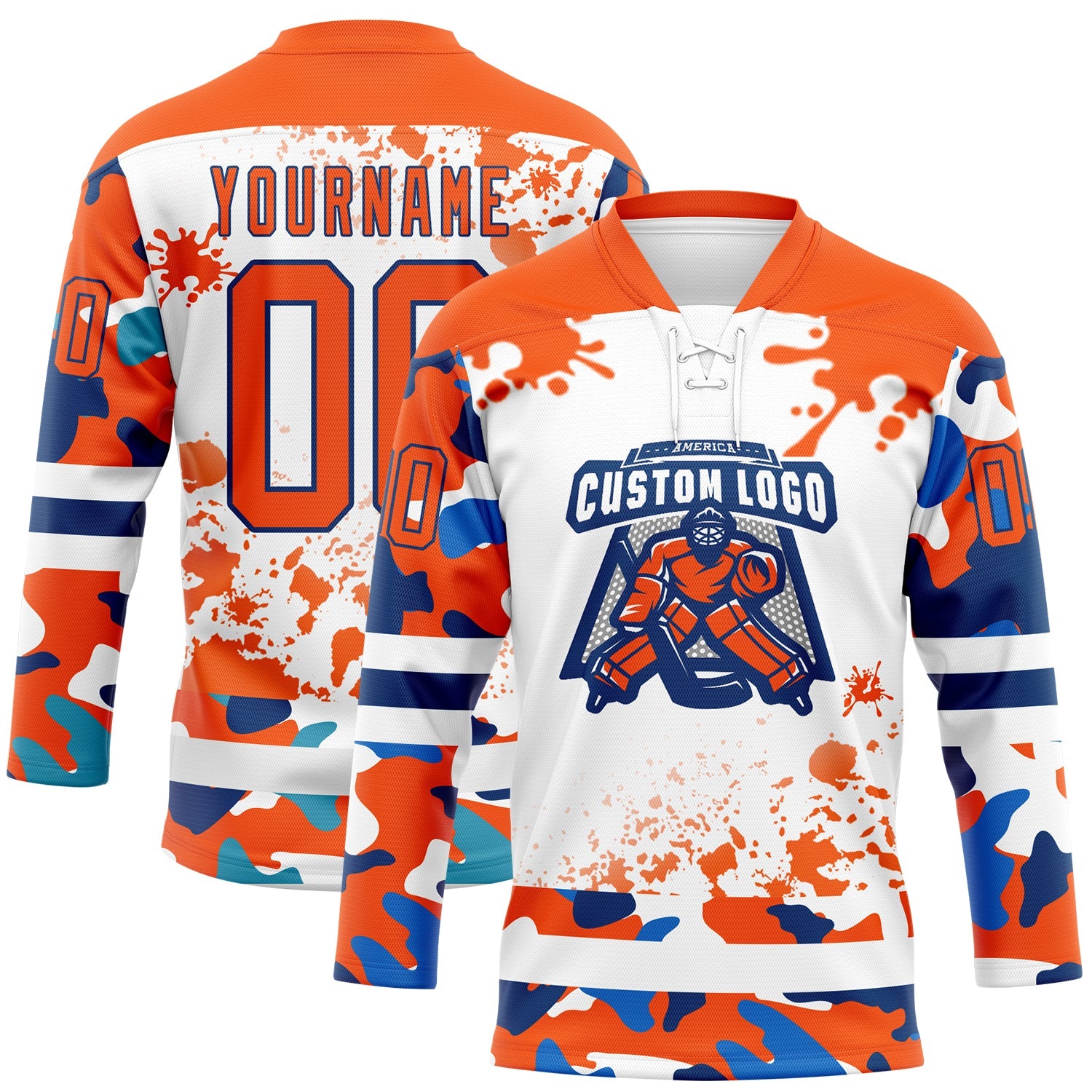 Custom Camo Orange US Navy Blue-White Splash Hockey Lace Neck Jersey view 2