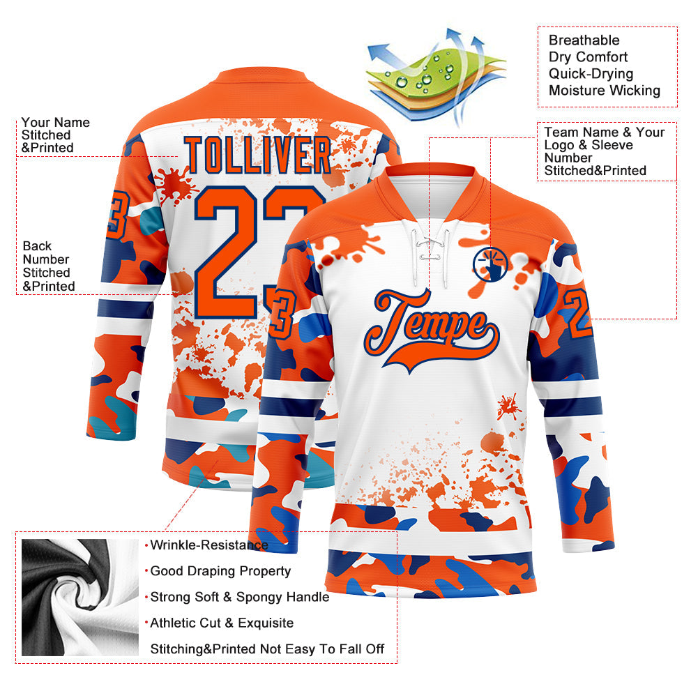 Custom Camo Orange US Navy Blue-White Splash Hockey Lace Neck Jersey view 3