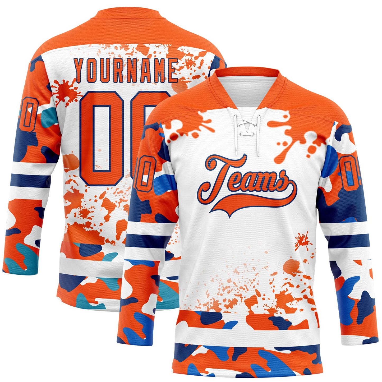Custom Camo Orange US Navy Blue-White Splash Hockey Lace Neck Jersey - Main View